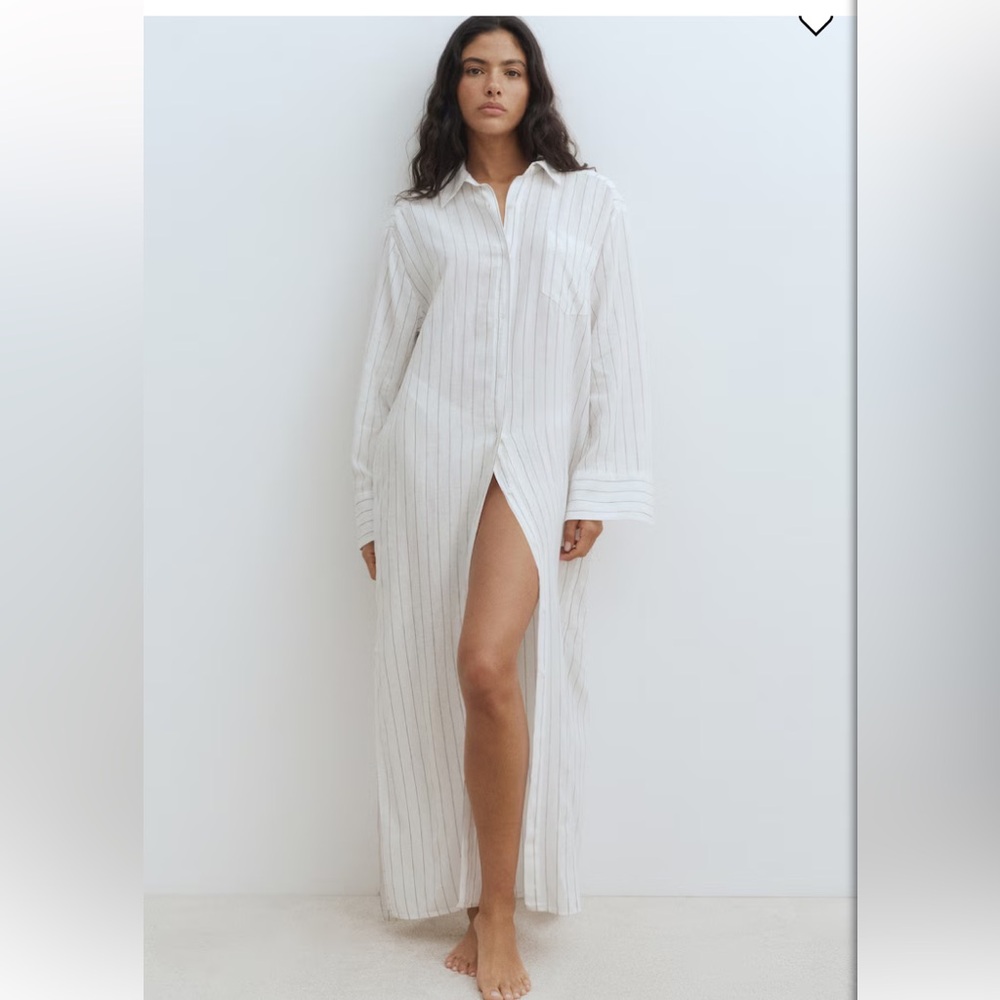 COPY Zara Mango H&M Linen blend Striped Midi Maxi Shirt Dress Bloggers S 4/6/8